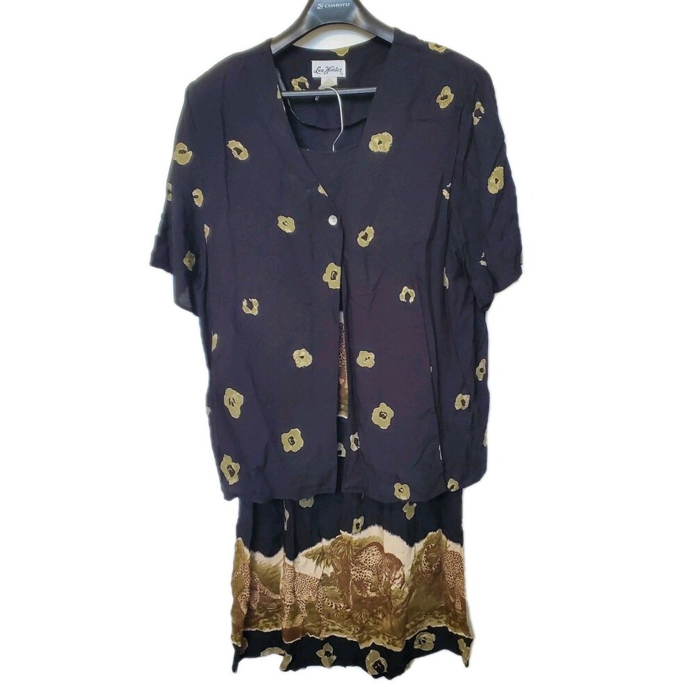 Vintage Two Piece Set Black Brown Animal Print Lightweight Safari Cheetah XL